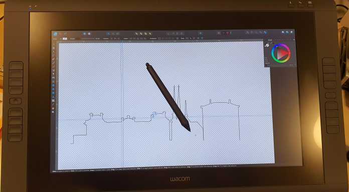 Ein Tablet mit einer Skyline in einem Zeichenprogramm.