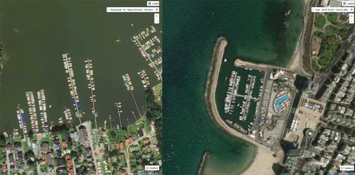 Schiffe im Steinhuder Meer (li.) und vor Tel Aviv (re.) bei Bing Maps