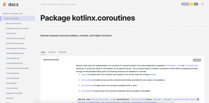 Am Beispiel der Dokumentation der Koroutinen von Kotlin zeigt JetBrains den Aufbau der mit Dokka erstellten dynamischen HTML-Seiten.