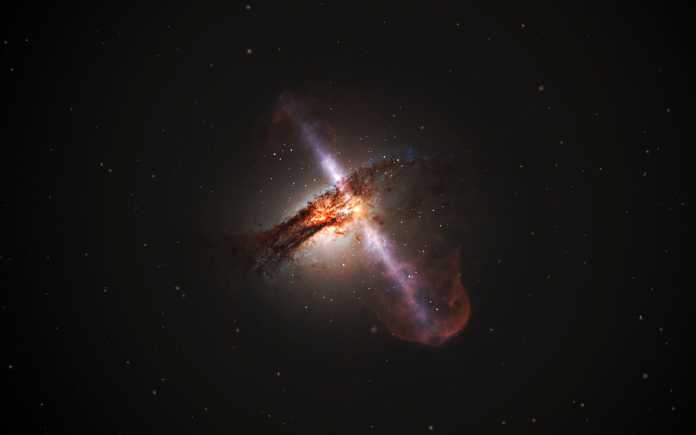 Künstlerische Darstellung eines aktiven Galaxienkerns mit Jets und dunklem Staubtorus