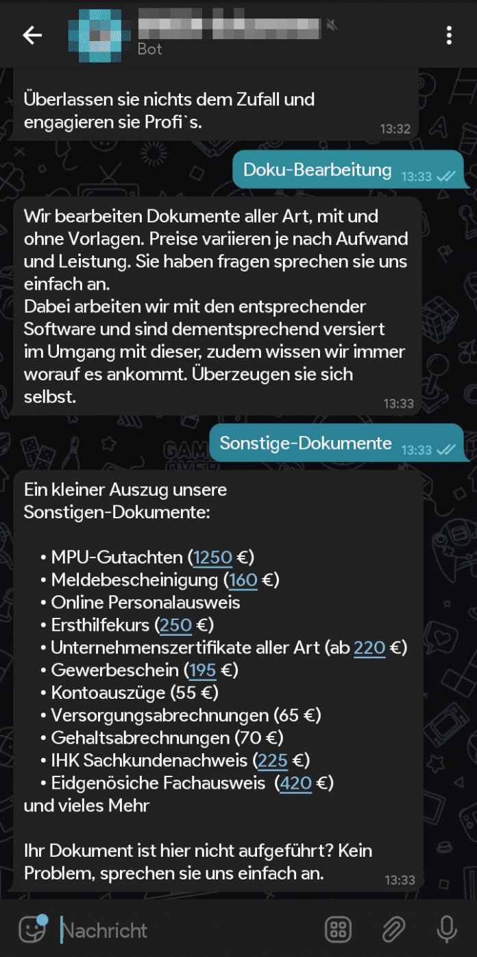 Über einen professionell wirkenden Telegram-Bot kauft man gefälschte Dokumente.