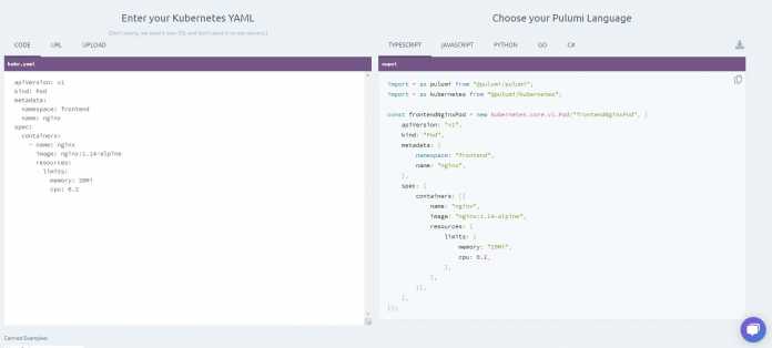 Auf der interaktiven Seite können Entwickler das Umwandeln mit kube2pulumi in fünf Programmiersprachen ausprobieren.