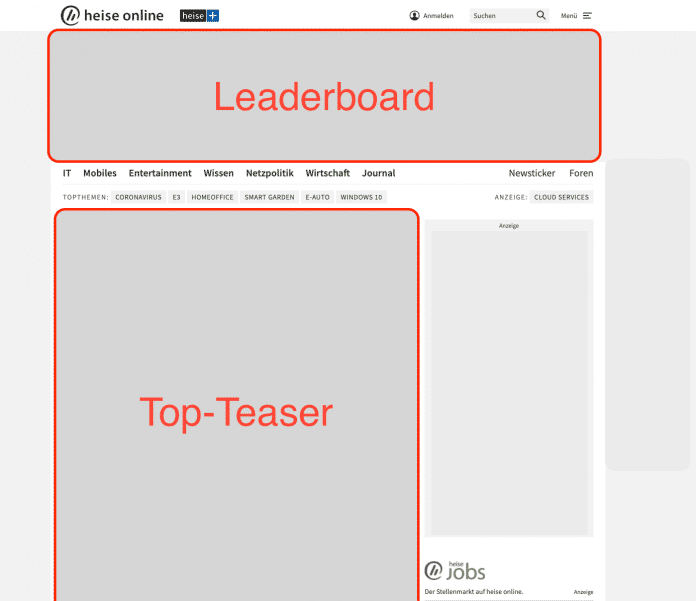 Bereiche Leaderboard und Top-Teaser auf der heise online Startseite.