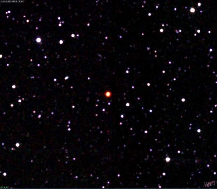 IRAS 20369+5131 (Bildmitte, rötlich) auf einer Aufnahme der 2-Mikrometer-Infrarot-Durchmusterung 2MASS.