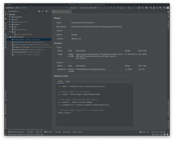 Der Model Viewer bietet eine Übersicht eines Tensor-Flow-Lite-Modells inklusive der Eingabe- und Ausgabe-Tensoren und Beispielcode in Kotlin und Java.