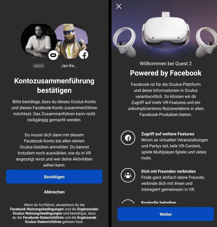 Ohne Facebook kein VR: Sogar einen vorhandenden Oculus-Account muss man mit einem Facebook-Konto verknüpfen.