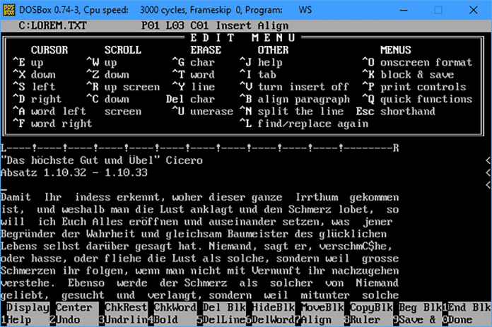 WordStar läuft problemlos in der DOSBox und fühlt sich auch an wie damals. Der Spaß hält sich aber in Grenzen.