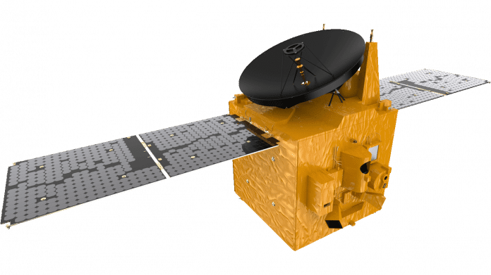 Gemalter Satellit mit ausgefalteten Solarzellen