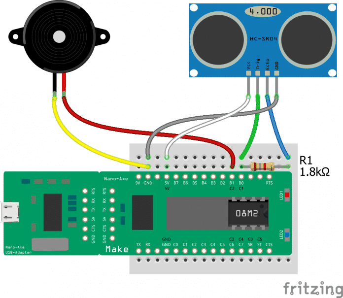 Fritzing-Diagramm: Ein grünes Nano-Axe-Board, an das ein Lautsprecher und ein Ultraschallmodul angeschlossen sind.