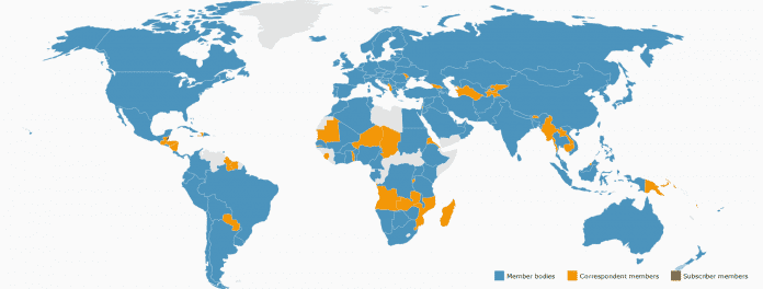 Weltkarte mit den ISO-Mitgliedsstaaten