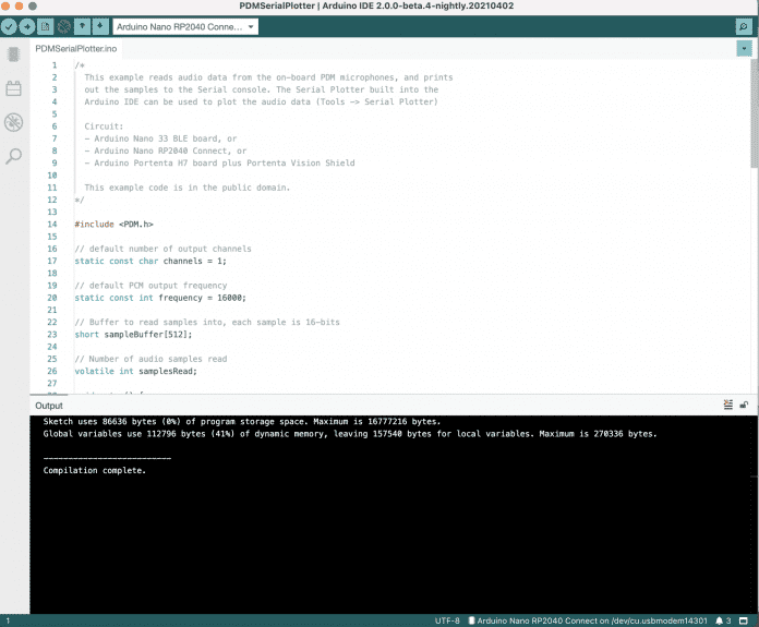 Der Nano Nano RP2040 lässt sich sowohl mit einer Arduino 1.8.x  IDE als auch mit der neuen Arduino 2.x-Entwicklungsumgebung programmieren.