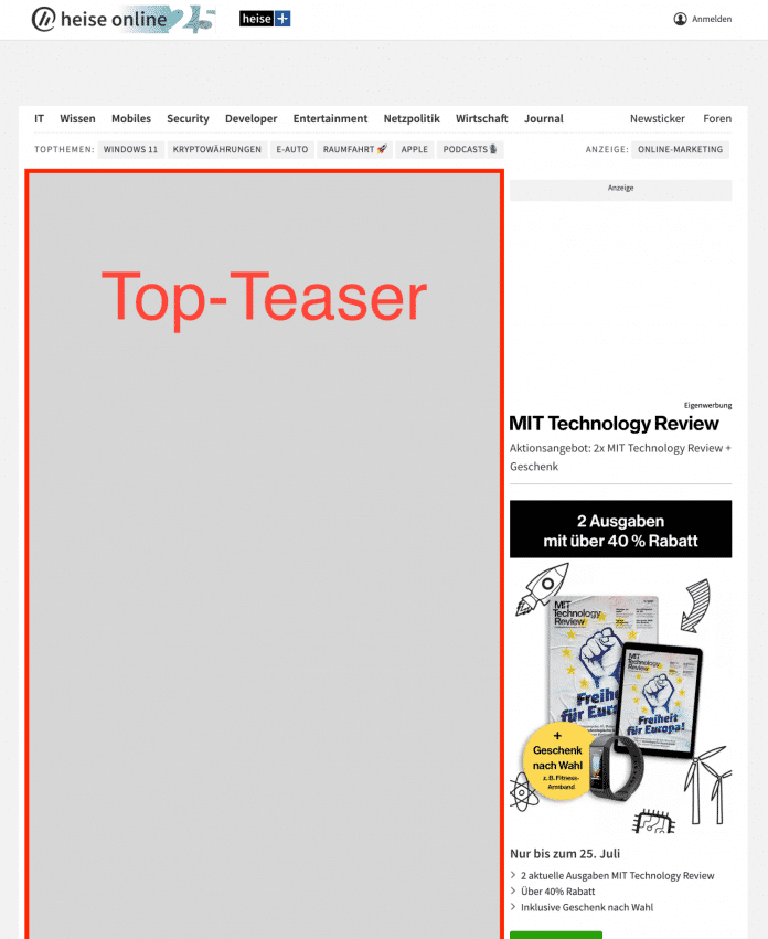 Top-Teaser-Bereich auf der heise online Startseite.