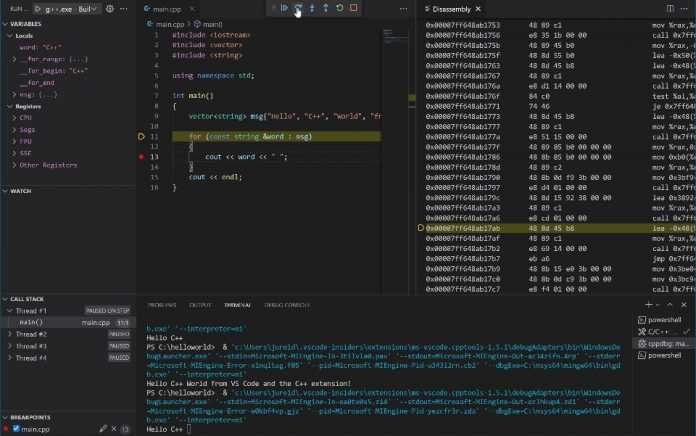 C/C++ Extension für Visual Studio Code: Disassembly View