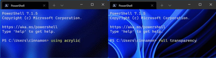 Windows Terminal Preview 1.12 zeigt sich im Acrylic-Look bis hin zur Transparenz