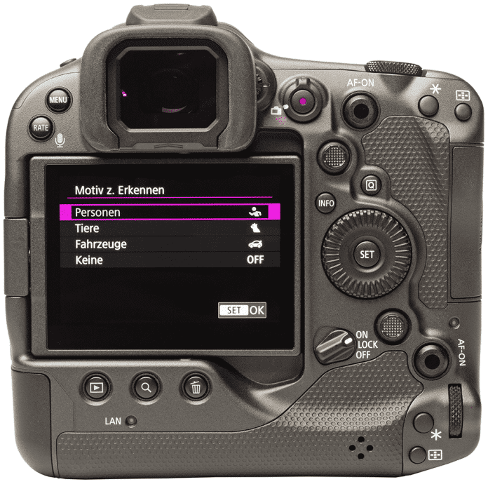 Die Rückseite der Canon EOS R3 ist eng an den die der EOS-1D X Mark III angelehnt., 
