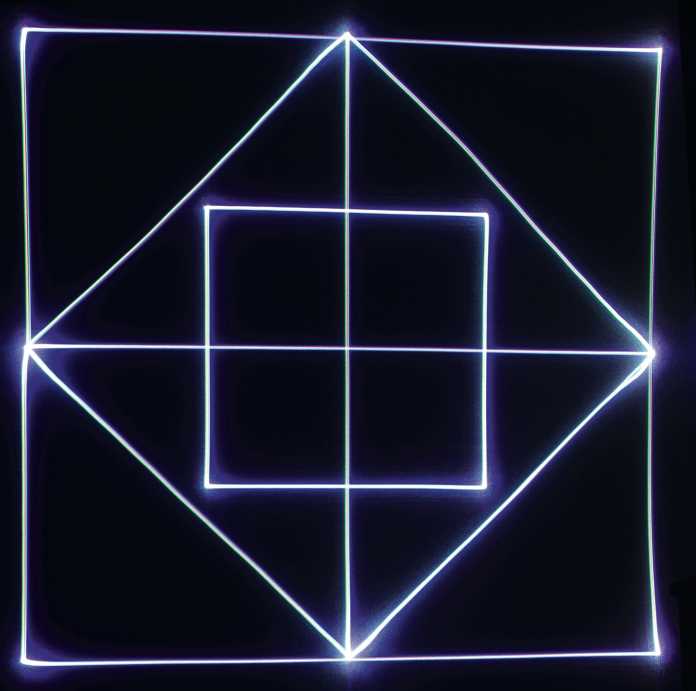 Testbild aus schrägen und geraden Quadraten, von einem bläulich-weißen Laser gezeichnet.