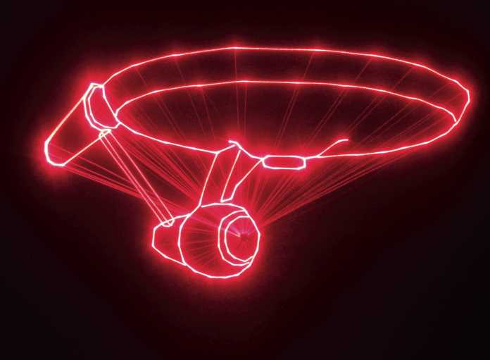 Linienzeichnung des Raumschiffs Enterprise mit einem roten Laser.