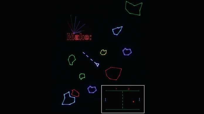 Make-Schriftzug, Asteroids-Spiel und Pong-Spiel als bunte Laserlinien auf einem schwarzen Hintergrund.