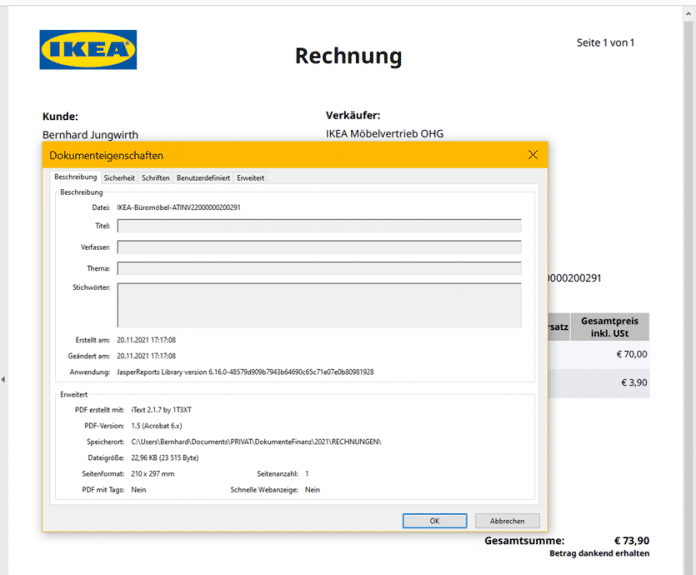 Screenshot: PDF-Dokumenteigenschaften einer IKEA Rechnung (Abb. 1)