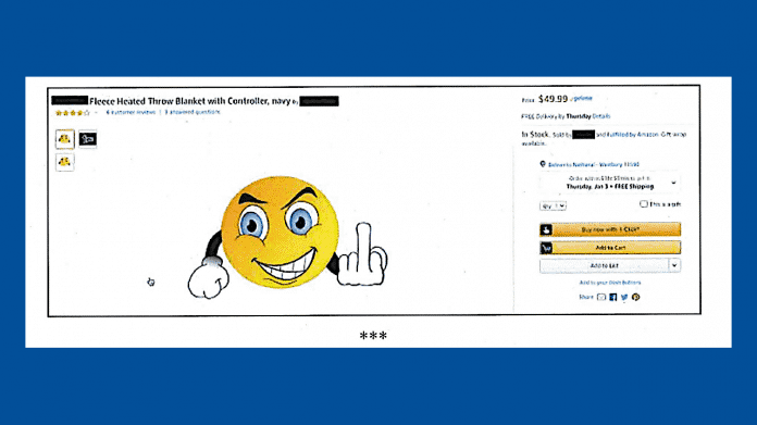 Verunstaltetes Angebot auf Amazon.com: Statt einer Heizdecke ist ein Emoticon zu sehen, dass den Mittelfinger zeigt.