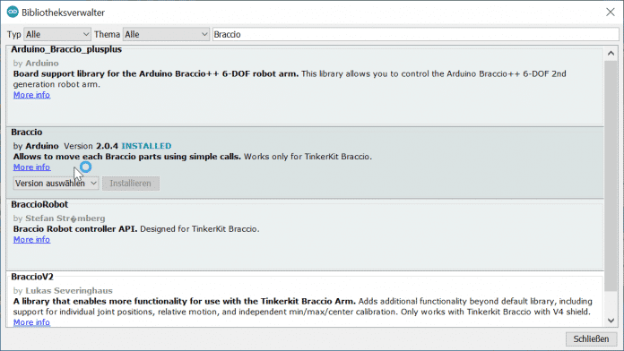 Installation der Braccio-Bibliothek über die Bibliotheksverwaltung.