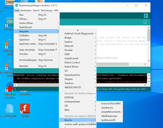 Nach Installation der Braccio-Bibliothek findet sich unter Datei  Beispiele der Eintrag Braccio mit all den dort bereitgestellten Beispielen.