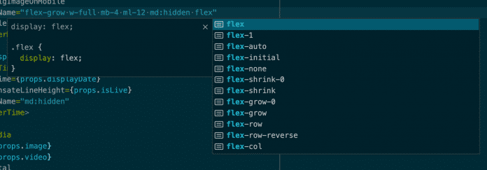 Screenshot aus dem Editor VS Code, der zeigt, wie an einer Code-Zeile Vorschläge für mögliche Tailwind-Klassennamen gemacht werden.