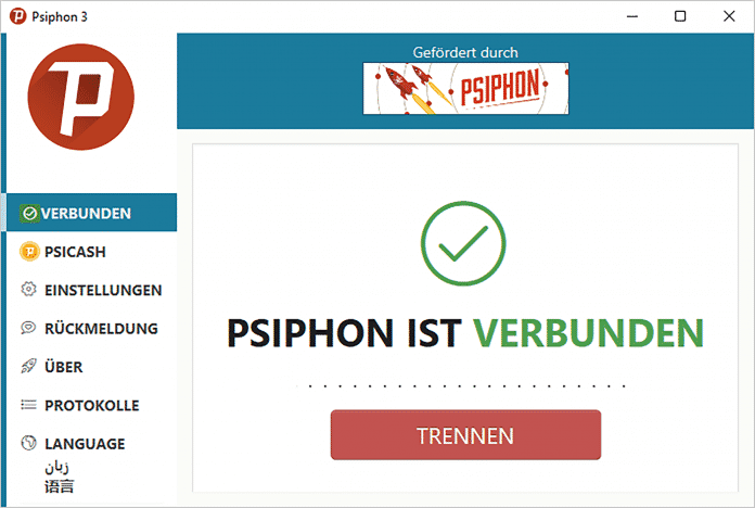 Die Psiphon-App baut auch unter schwierigen Bedingungen einen Tunnel ins freie Internet auf., 