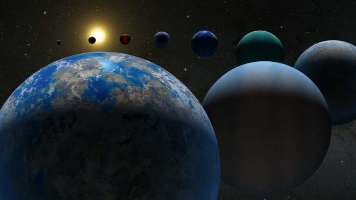 Mehrere bläuliche Planeten in einer Reihe
