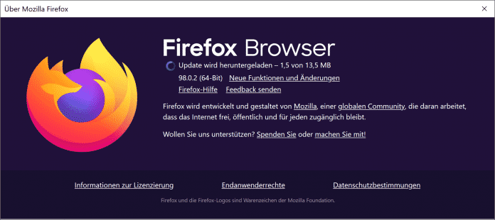 Firefox-Dialog beim Herunterladen des Updates.