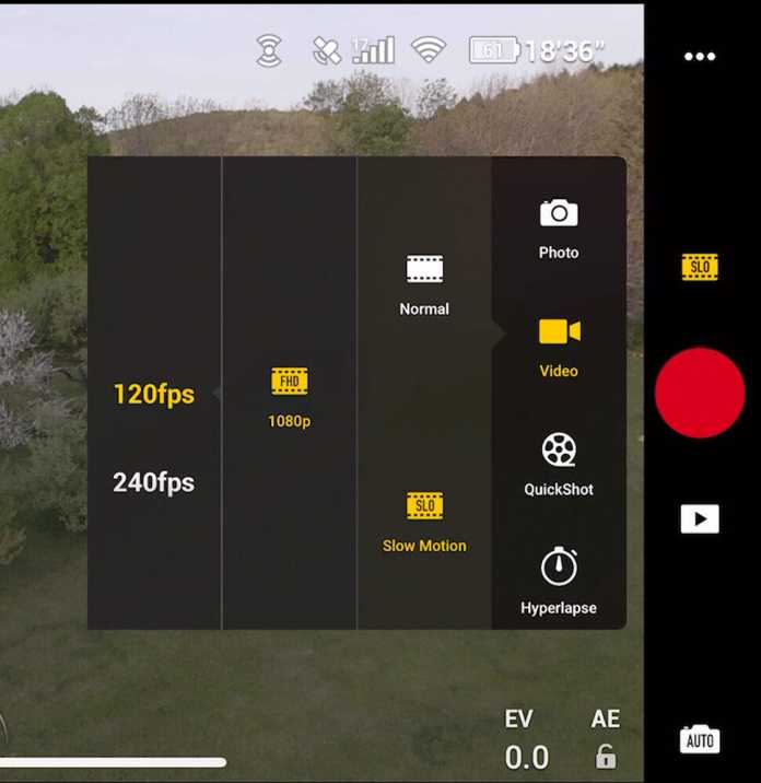 Zeitlupen: Bei Bildraten über 60 fps nimmt die Bildqualität der meisten DJI-Drohnen sichtbar ab., Bild: DJI Fly-App