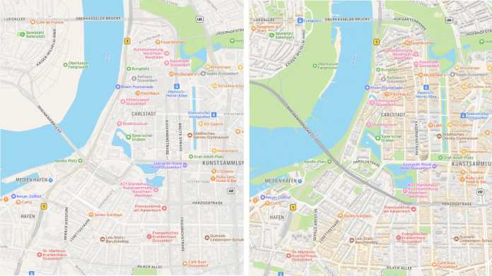 Die Apple-Karten von Düsseldorf im Vorher-Nachher-Vergleich