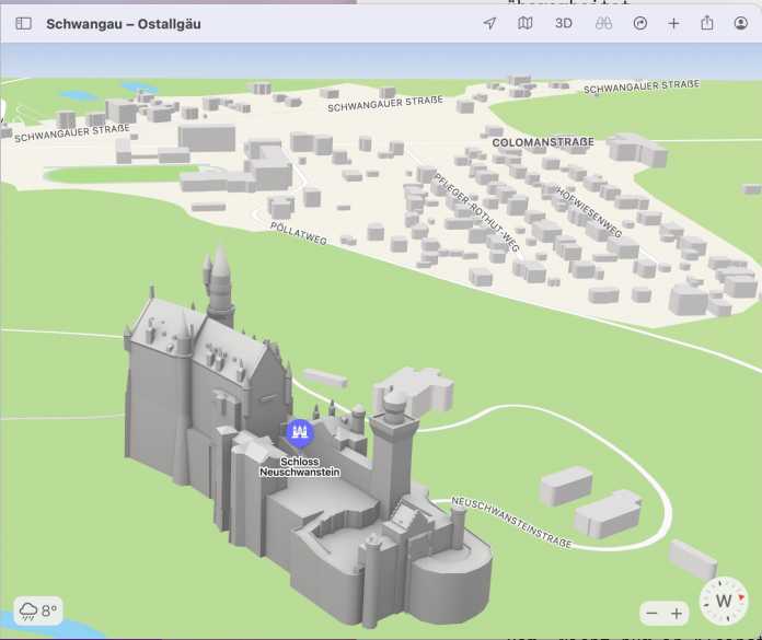 Schloss Neuschwanstein als 3D-Objekt in Apple Maps