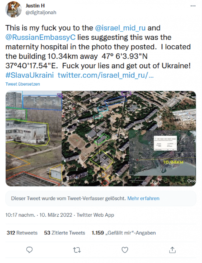 Nach dem Bombenangriff auf eine Entbindungsklinik in Mariupol postete die russische Botschaft in Israel ein Foto, das angeblich ukrainisches Militär vor der Klinik zeigte. Durch Geolokalisierung ließ sich das schnell widerlegen., Bild: Twitter/@digitaljonah