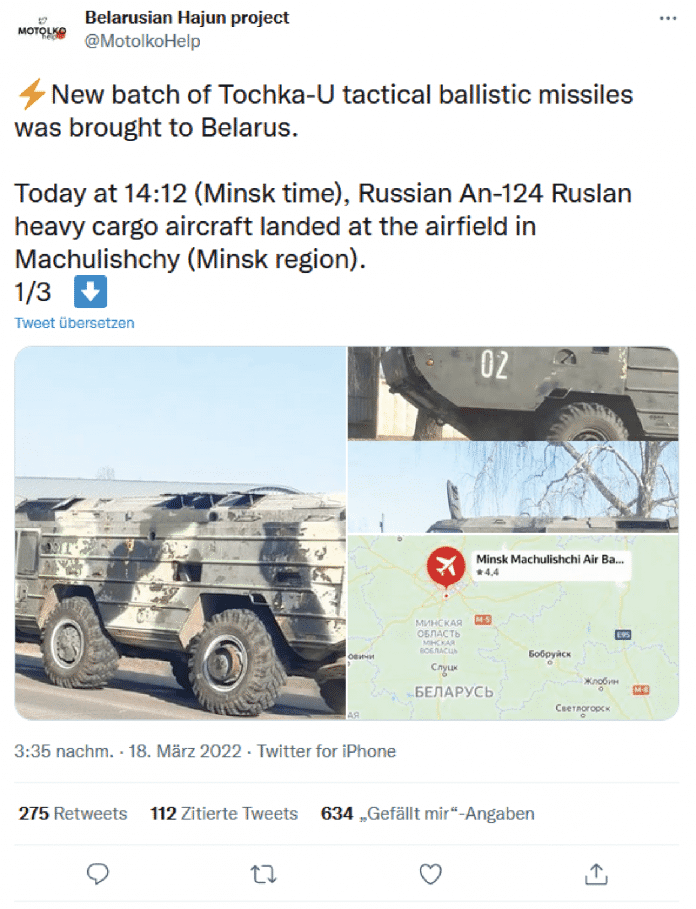Nach dem Angriff auf den Bahnhof von Kramatorsk behauptete die russische Regierung, keine Raketen vom Typ Tochka-U einzusetzen. Doch Recherchen in sozialen Netzwerken widerlegten diese Aussage., Bild: Twitter/Belarusian Hajun Projet