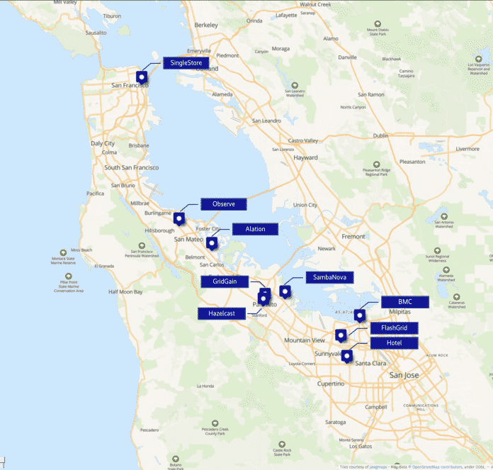 Die Standorte der Firmen erstreckten sich über das gesamte Gebiet der San Francisco Bay Area (Abb. 1)., OpenStreetMap/uMap
