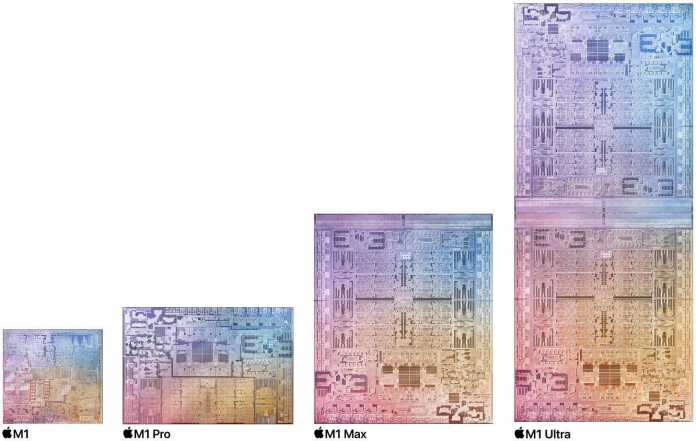Alle M1-Versionen produziert Auftragsfertiger TSMC mit 5-Nanometer-Technik. Der M1 Ultra besteht aus zwei gekoppelten M1-Max-Chips., Apple
