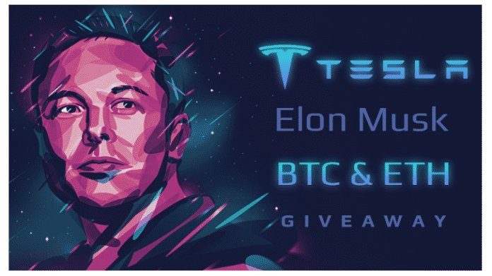 Zeichnung Elon Musks, daneben steht &quot;Tesla - Elon Musk - BTC &amp; ETH - Giveaway&quot;