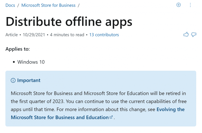 Screenshot Artikel: MS Business Store stellt im Q1 2023 den Betrieb ein.