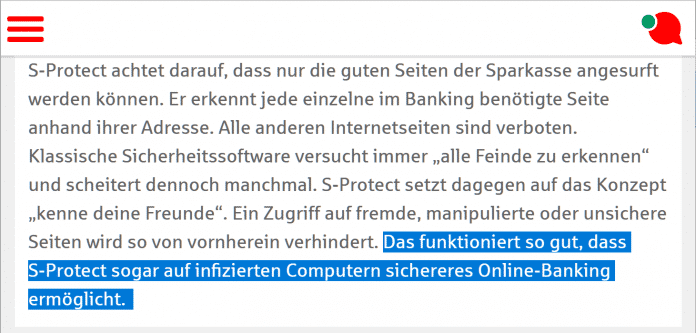 Gewagtes Versprechen auf der Website der Kieler Förde Sparkasse: Der Banking-Browser &quot;S-Protect&quot; soll sicheres Online-Banking sogar auf infizierten Computern erlauben., 