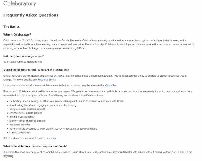 FAQ Google Colab vom 31. Mai 2022: Deepfake ist als verbotener Einsatzzweck gelistet