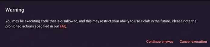 Warnhinweis an DFL-Nutzer, die Code zum Erstellen von Deepfakes auf Google Colab zur Ausführung bringen wollen