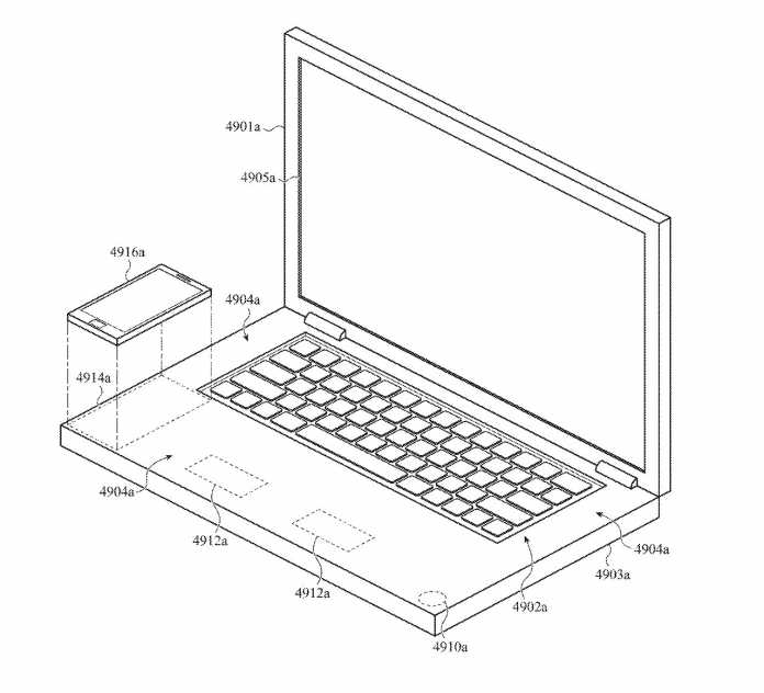 Patentzeichnung für das Aufladen eines iPhones durch Auflegen auf ein MacBook