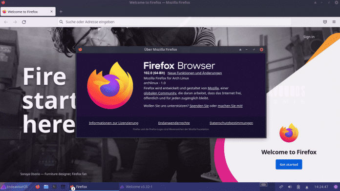 Firefox ist nach dem ersten EndeavourOS-22.6-Update auf aktuellem Stand 102