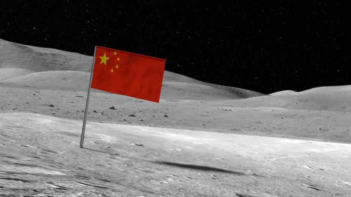 Chinese,Flag,Stuck,In,The,Rocky,Moon,Surface,With,Stars