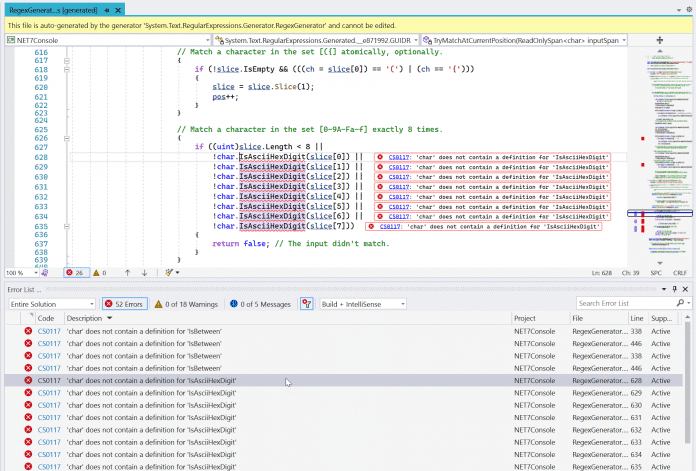 Der per Annotation [RegexGenerator] vom Compiler generierte Programmcode kompiliert nicht in .NET 7.0 Preview 6