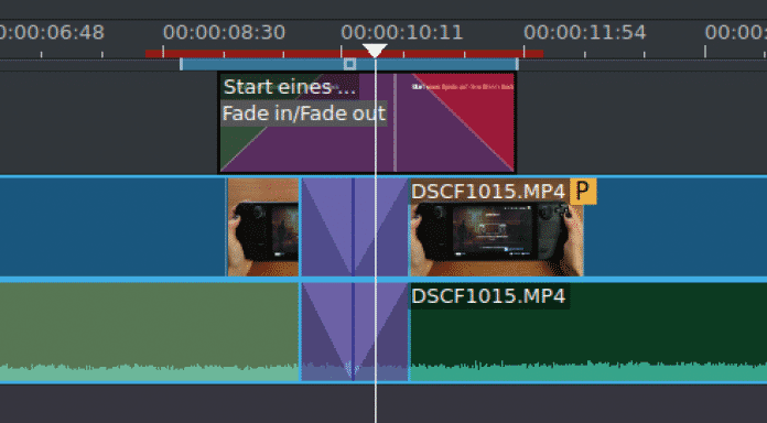 Für eine ruckelfreie Vorschau sollten Sie Bereiche mit vielen Effekten vorab rendern. Die rote Linie oberhalb der Timeline wird dann grün. Ein P an einem Clip verrät, dass Kdenlive einen Proxy-Clip nutzt., 