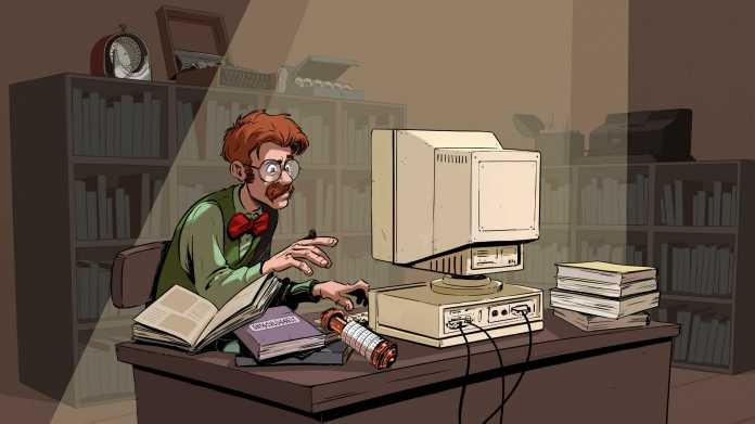 Karikatur: Ein roothariger Mann mit Schnauzbart und Brille sitzt an einem alten Computer