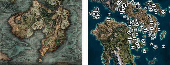 Während in Elden Ring (links) auf der Karte bis auf die Speicherpunkte gar nichts markiert wird, pflastert Assassin’s Creed Odyssey (rechts) alles voll. , Screenshot: From Software