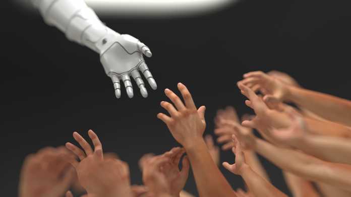 Viele Menschenhände strecken sich nach einer vom Himmer herabgestreckten Robotorhand